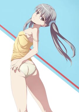 ass ass_crack back_view bare_arms bare_legs bare_shoulders bare_thighs breasts butt_crack camisole closed_mouth collarbone female isshi_pyuma long_hair monogatari_(series) nipples_visible_through_clothing no_bra oikura_sodachi panties shiny_skin silver_eyes silver_hair small_breasts strap_slip thighs twintails underwear