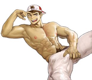 1boy abs armpits art_uza backwards_baseball_cap bandaid bandaid_on_face bara baseball_cap beom_liben brown_hair bulge bulge_grab cocky erection_under_clothes gay gay_male legs_apart looking_at_viewer lying lying_on_back male male_only muscular muscular_arms muscular_male nipples open_mouth open_mouth_smile pants pecs penis pubic_hair smile smiling_at_viewer smirk smirking_at_viewer smug solo solo_male topless uza_(hellme) white_background yaoi