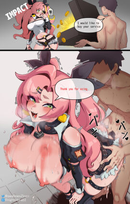 ambiguous_penetration ass beauty_mark big_ass big_breasts blush breasts breath briefcase clothing cum cum_drip cum_in_pussy cum_inside cumming earrings faceless_male female gold green_eyes hands_on_thighs hot_pants male money mostly_clothed motion_lines naked naked_male nicole_demara nightbird22 nipples open_mouth panels pink_hair prostitution pubic_hair pussy sex shirt_pull speech_bubble standing_sex swallows_zinan swallowszinan sweat thick_thighs thigh_strap zenless_zone_zero