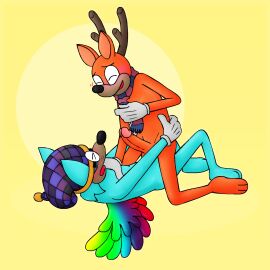 anal_sex anthro awesome_(toontown) blue_body blue_fur blush canid canine clothing cowgirl_position deer duo female fox from_front_position fur hat headgear headwear hi_res male male/male mammal on_bottom on_top orange_body orange_fur oswald_cuddlenugget panda-moan-yum penetration penile penile_penetration penis scarf sex the toontown_corporate_clash toontown_online toontown_rewritten toony toony_eyes tornadofox wingsrn