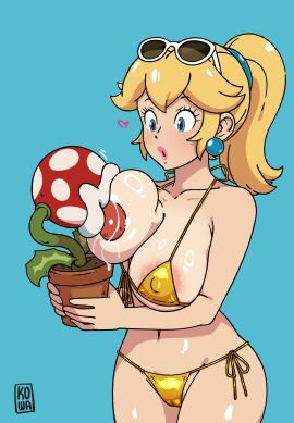 1girls areola_slip artist_name big_breasts bikini blue_eyes blush breast_sucking breasts busty cameltoe covered_nipples female gold_bikini heart highres kowaworks02 large_breasts legs long_hair mario_(series) navel nintendo one_breast_out pink_lips pink_lipstick piranha_plant ponytail princess princess_peach puckered_lips side-tie_bikini_bottom sideboob sunglasses_on_head surprised swimsuit thighs voluptuous
