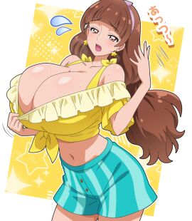 1girls amanogawa_kirara belly_button big_breasts breasts brown_eyes brown_hair earrings female female_only go!_princess_precure hitokiwa_kenchin huge_breasts light-skinned_female light_skin newrhythm2 precure pretty_cure star_earrings toei_animation