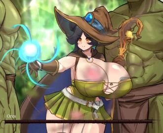1girls 2boys abs areola_slip areolae black_hair bouncing_breasts branch breast_expansion breasts cleavage convenient_censoring double_bun earrings failure fantasy gigantic_breasts green_skin hat head_out_of_frame health_bar height_difference huge_breasts jiggle miruyuyo muscular muscular_male orc outdoors pointy_ears short_hair solo_focus staff standing tagme video witch_hat