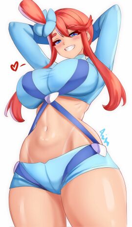 alternate_breast_size anisdrawn big_breasts booty_shorts breasts female latina midriff minishorts nintendo pokemon pokemon_bw red_hair short_shorts shorts skyla_(pokemon) smile tanned_female thick_thighs thighs tight_clothing
