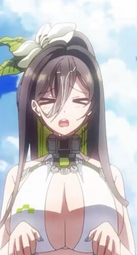 barely_clothed bikini black_hair breasts cleavage closed_eyes female flower flower_in_hair game_cg goddess_of_victory:_nikke green_hair green_nail_polish green_nails guilty_(nikke) guilty_(wave_of_disbelief)_(nikke) huge_breasts large_breasts long_hair massive_breasts neck_restraint official_art open_mouth ponytail restraints splashing splashing_water swimsuit water water_splash wet wet_face wet_hair