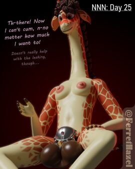 4:5 absurd_res anthro balls big_balls blush bodily_fluids breasts brown_hair chastity_cage chastity_cage_only chastity_device chastity_device_only delilah_(ferrethazel) english_text erect_nipples ferrethazel fur genital_fluids genitals giraffe giraffid gynomorph hair hi_res intersex leaking_precum long_neck looking_at_genitalia looking_at_own_penis looking_at_penis looking_at_self mammal metal_chastity_cage nipples nude orange_body orange_eyes orange_fur penis pink_nipples precum precum_through_chastity_cage solo stuttering sweat tan_body tan_fur text wearing_chastity_cage wearing_chastity_device