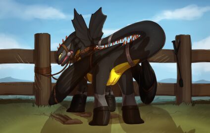 animal_genitalia anus belt bondage bound bridle claw_marks clothing dirtyfox911911 dragon dreamworks european_mythology fence feral footwear genital_slit genitals grass how_to_train_your_dragon leash looking_at_viewer looking_back male multicolored_body mythological_creature mythological_scalie mythology night_fury outside plant rear_view restraints rope rope_bondage scalie sky solo tail two-tone_body western_dragon wings