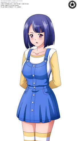 2017 akiranyo arms_behind_back artist_logo artist_name blush character_name english_text female makino_akira oni_chichi oni_chichi_2 purple-haired_female purple_eyes romper striped_stocking talking text transparent_background vector_trace work_name
