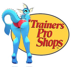 anthro arzyparzy ass bass_pro_shops big_ass big_breasts blue_body blue_eyes breasts eeveelution female generation_1_pokemon hi_res huge_ass humanoid looking_back marine nintendo parody pokemon pokemon_(species) solo solo_focus solo_in_panel tail tiptoes vaporeon