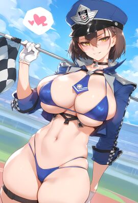 1girls ai_generated azur_lane baltimore_(azur_lane) baltimore_(finish_line_flagbearer)_(azur_lane) big_breasts bikini breasts brown_hair female female_focus hat hips huge_breasts large_breasts light-skinned_female navel short_hair thick_thighs thighs wide_hips yellow_eyes