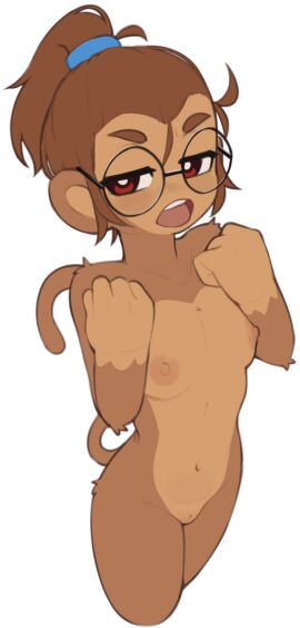 1girls bloons_tower_defense breasts female genitals glasses haplorhine monkey naked nude patch_(bloons) ponytail primate red_eyes small_breasts solo standing tail yoako