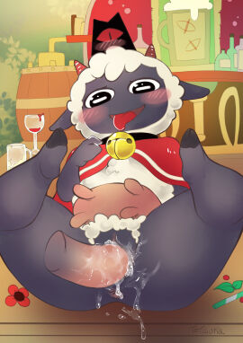 alcohol anus barefoot beer bell black_eyes blush breasts cape caprine cult_of_the_lamb drunk feet female fur furry hat headwear hi_res high_resolution hooves horns horsecock lamb lamb_(cult_of_the_lamb) lubricant male messy nipples on_back penis pussy sheep spread_legs table tetisuka text tongue tongue_out udders vaginal_penetration wine