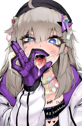 1girls aa-12_(girls'_frontline) blue_eyes body_writing condom condom_belt condom_wrapper cum_in_mouth cum_on_food cum_on_tongue edit fellatio_gesture female girls'_frontline gloves grey_hair heart-shaped_pupils j.k. jacket lollipop looking_at_viewer pubic_hair pubic_hair_in_mouth saliva seductive short_hair solo stray_pubic_hair suggestive tongue tongue_out used_condom used_condoms