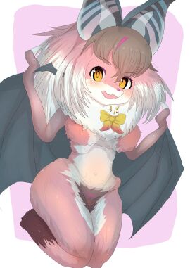 absurdres animal_ears bat_ears bat_girl bat_wings brown_eyes brown_hair brown_long-eared_bat_(kemono_friends) female full_body grey_hair highres kemono_friends kemono_friends_v_project long_hair looking_at_viewer microphone multi_ear nekomar_nknk purple_background simple_background solo virtual_youtuber wings