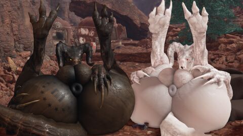 2boys 3_toes 3d albino anthro anus ass balls big_ass big_balls big_butt branded deathclaw duo enclave_(fallout) enclaw_(willie_piv) fallout fallout_2 genitals goris_(fallout) hi_res horn legs_up lying male male_deathclaw_(fallout) male_only microsoft nuka-cola on_back outside puffy_anus red_eyes scalie tail take_your_pick willie_piv yellow_eyes