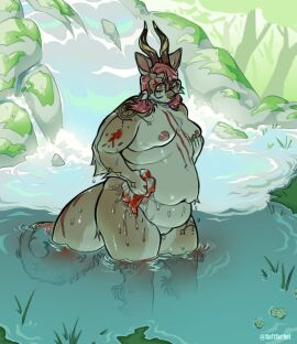 anthro arm_tattoo bathing belly big_belly big_tail blood_on_body blood_stain bodily_fluids breasts detailed_background domestic_cat eyewear fat fat_belly fat_female felid feline felis female glasses hi_res horn leg_tattoo mammal moss nipples nonbinary nude obese obese_anthro obese_female outdoor_nudity overweight overweight_anthro overweight_female plant river rock softsorbet solo sorbet_(softsorbet) tail tattoo thick_thighs thigh_tattoo trans_man transmasc vent_art washcloth waterfall wearing_glasses