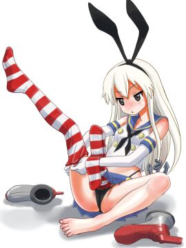 1futa big_penis blonde_hair breasts clothed clothing cock_sock cocksleeve erection erection_in_panties erection_under_clothes feet foot_fetish futa_only futa_sans_balls futanari grey_eyes hidden_penis human intersex kantai_collection large_penis light-skinned_futa light_skin long_hair o-minato panties partially_clothed penis penis_in_thighhighs rabbit_ears shimakaze_(kantai_collection) shoes_removed short_skirt sitting skirt sock_on_penis solo striped_legwear striped_thighhighs white_hair