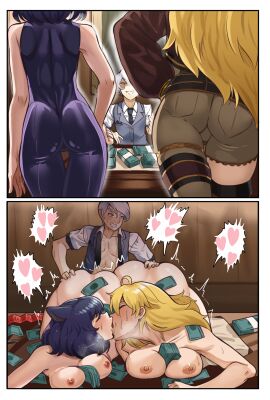 1boy 2girls ahoge all_fours ass ass_grab bisexual bisexual_female black_hair blake_belladonna blonde_hair blue_eyes cat_ears cat_girl catgirl closed_eyes condom female femboydom french_kiss hand_on_hip heart instant_loss_2koma kissing long_hair male money nico-mo nude nude_female pen prostitution rear_view rwby short_hair sweat threesome white_hair whitley_schnee yang_xiao_long
