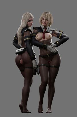 2girls 3d 3d_(artwork) ashley_graham ashley_graham_(ella_freya) big_breasts blonde_hair bodystocking breasts capcom cleavage clothing curvy erect_nipples female female_only high_resolution large_breasts light-skinned_female light_skin looking_at_viewer multiple_females multiple_girls navel nipples pale_skin panties pantyhose realistic resident_evil resident_evil_4 resident_evil_4_remake resident_evil_8:_village rosemary_winters sdpo short_hair solo solo_female strauzek thick_thighs uniform wide_hips