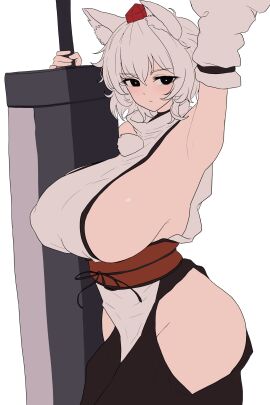 absurdres animal_ear_fluff animal_ears arm_up armpits black_eyes black_skirt breasts closed_mouth commentary cowboy_shot detached_sleeves expressionless female hat highres holding holding_sword holding_weapon huge_breasts huge_weapon inubashiri_momiji looking_at_viewer messy_hair moriforest1040 pom_pom_(clothes) red_hat red_sash sash shirt short_hair sideboob skirt sleeveless sleeveless_shirt solo standing sword symbol-only_commentary tokin_hat touhou turtleneck turtleneck_shirt weapon white_background white_hair white_shirt white_sleeves wolf_ears