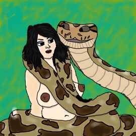 belly black_hair blue_mascara breasts chubby coiled coils curvy dark_nipples doesn't_want_this large_areolae navel nude_female p3rvyrat python red_lipstick seductive_smile snake