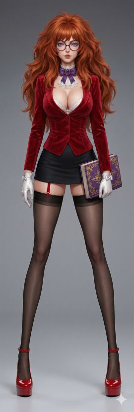 ai_art ai_generated beautiful beautiful_face beautiful_woman book bowtie bra bushy_hair cleavage female_teacher frizzy_hair fuzzy_hair garter_straps glasses gloves gray_background high_heels jabot long_hair long_legs long_sleeves long_stockings milf miniskirt no_makeup orange_hair orange_red_hair original_character platform_heels professor red_hair red_uniform russian_female self_made stockings taller_female teacher teacher_uniform tight_clothing tight_fit