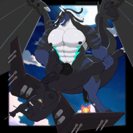 absurd_res aircraft anthro balls big_breasts big_penis breasts canid canine cybernetics cyborg duo entwined_tails flickrtail flying flying_sex futanari gardenkaiser genitals herm hi_res holding_leash holding_object intersex intersex/male knot knotted_penis leash living_aircraft living_machine living_vehicle machine male male_focus male_only mammal markings metallic_body muscular muscular_intersex muscular_male penis sex shock_diamond_(stokeman) spread_wings striped_body stripes tail tail_coil vehicle weapon wings