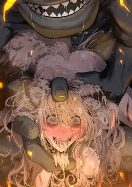 absurdres ape arm_grab arm_held_back blonde_hair blue_hair blush breasts completely_nude crying crying_with_eyes_open cum defeat female freckles haplorhine injury long_hair medium_breasts monster nipples nude open_mouth primate pussy red_eyes restrained ryona sex sex_from_behind shitappa0120 size_difference straight tears torn_clothes vaginal_penetration zoophilia