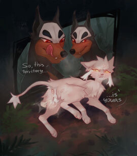 after_anal after_sex anus ass balls bedroom_eyes blush bodily_fluids canid canine cum cum_in_ass cum_inside cum_on_face dialogue digital_drawing_(artwork) digital_media_(artwork) english_text fangs felid feline feral feral_on_feral fewiesh forest generation_2_pokemon generation_7_pokemon genital_fluids genitals glistening glistening_eyes group group_sex growling hi_res houndour licking licking_lips licking_own_lips litten lying male male/male mammal moan narrowed_eyes nature nintendo on_side open_mouth outside paws perineum plant pokemon pokemon_(species) punishment questionable_consent seductive sex size_difference smile smirk smug sound_effects speech_bubble taco_(fewiesh) tail teeth text threesome tongue tree trio