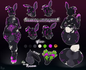 absurd_res anthro anus ass balls big_balls big_butt big_penis black_body black_fur breasts fur genitals gynomorph helexia hi_res intersex lagomorph leporid mammal model_sheet neon_pink paws penis rabbit rirpazor small_breasts solo trans_(lore) trans_woman_(lore) utya