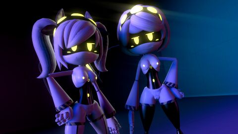 2girls accurate_art_style danielmdfan female female_only grey_hair j_(murder_drones) murder_drones robot robot_girl standing v_(murder_drones) yellow_eyes