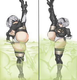 1girls big_breasts blush breasts fart fart_cloud fart_fetish farting female holding_leg_up huge_ass leg_up nier:_automata sitting solo solo_female thick_ass toxixent white_hair yorha_2b