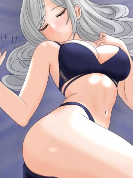 armpits ass bikini breasts d4dj female japanese_text keekee_(kk_d4ni) laying_down niijima_ibuki swimsuit thick_thighs watermark