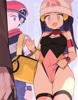 ass blush breasts dawn_(pokemon) erect_nipples erect_nipples_under_clothes female hat highleg_leotard leotard lucas_(pokemon) medium_breasts nipples nipples_visible_through_clothing pokemon pussy pussy_visible_through_clothes spring2013 thighhighs thighs wide_hips