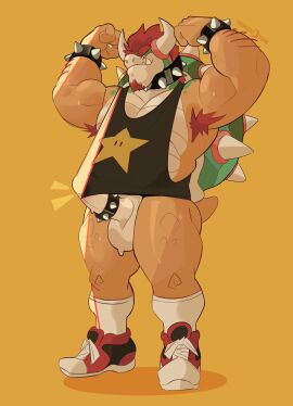 2024 accessory anthro arm_hair armpit_hair balls bara beard biceps big_balls big_muscles big_penis bodily_fluids body_hair bottomless bottomless_anthro bottomless_male bowser bracelet bulge claws clothed clothing cock_ring collar crescent_yeen emanata erection erection_under_clothing eyebrows facial_hair flexing footwear genitals hair hi_res horn huge_muscles humanoid_genitalia humanoid_penis jewelry knee_highs knee_socks koopa legwear looking_at_viewer male male_only mario_(series) masculine_male muscles muscular muscular_anthro muscular_male nintendo non-mammal_balls pecs penis penis_accessory penis_jewelry scalie shadow shell shirt shoes simple_background smile socks solo spiked_bracelet spiked_cock_ring spiked_collar spiked_shell spikes spikes_(anatomy) standing sweat tank_top teeth tenting thick_thighs topwear watermark yaoi yellow_background
