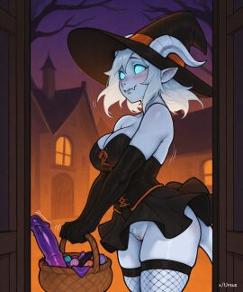 ai_generated artas9972 blush dildo draenei dress halloween halloween_theme horns pointy_ears pubic_hair pussy tail white_hair witch_hat