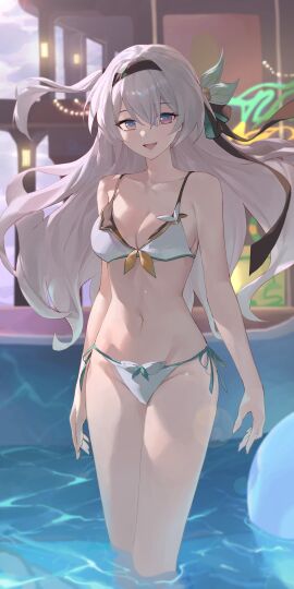 1girls :d absurdres artist_request bare_shoulders bikini black_hairband black_ribbon collarbone female firefly_(honkai:_star_rail) gosmfl grey_hair groin hair_ribbon hairband highres honkai:_star_rail honkai_(series) long_hair looking_at_viewer navel open_mouth purple_eyes ribbon side-tie_bikini_bottom smile solo standing stomach swimsuit very_long_hair wading water white_bikini