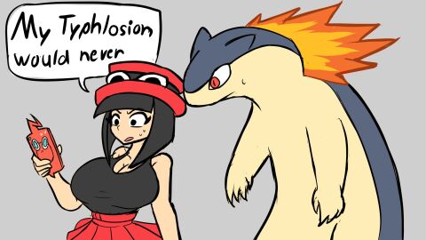 1girls 2024_pokemon_teraleak big_breasts black_hair black_shirt breasts delta_(desiredelta) desiredelta dialogue english english_text female female_focus full_body grey_background hat human internet_controversy jpeg light_skin mary_(desiredelta) meme original pokemon pokemon_(species) red_skirt sweat sweatdrop typhlosion