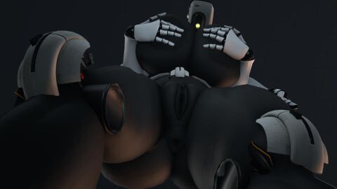 3d big_breasts breasts female genitals glados glados_(humanoid) humanoid looking_at_viewer low-angle_view machine portal_(series) pussy rayhuma robot robot_humanoid solo valve