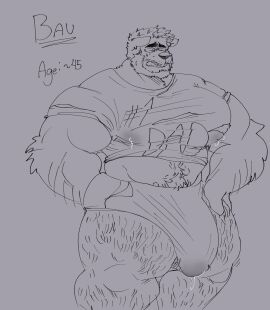 2022 absurd_res age_progression aged_up akita anthro arm_tuft bara bau_(melaisen) beard big_bulge big_moobs bodily_fluids briefs bulge button_ears canid canine canis clenched_teeth clothed clothed_anthro clothed_male clothing detailed_bulge digital_drawing_(artwork) digital_media_(artwork) domestic_dog elbow_tuft facial_hair floppy_ears genital_fluids genital_growth genital_outline grey_background greyscale growth hairy hairy_legs hi_res huge_bulge huge_moobs lactating lactating_through_clothing male male_anthro male_lactation mammal melaisen monochrome moobs musclegut muscular muscular_anthro muscular_male penis penis_growth penis_outline portrait precum precum_through_clothing precum_through_underwear pubes shirt simple_background solo spitz stated_age teeth text text_on_clothing text_on_shirt text_on_topwear three-quarter_portrait topwear tuft underwear wet wet_clothing yaoi