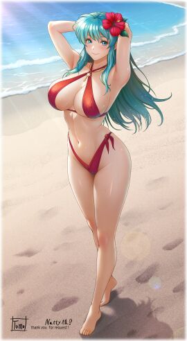 1girls arms_up beach blue_eyes blue_hair blush breasts eirika_(fire_emblem) feet female fire_emblem fire_emblem:_the_sacred_stones highres intelligent_systems large_breasts legs long_legs nintendo smiling_at_viewer solo sweat swimsuit tomo_eokaiteru wide_hips