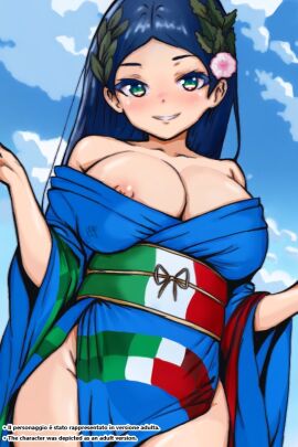 1girls big_breasts blue_clothing blue_hair blue_kimono blue_sky breasts breasts_out cloud clouds expo2025 expo_mascot female female_focus female_only flag flashing flashing_breasts flower flower_in_hair flower_on_head huge_breasts italia-chan italian_female italian_flag italy kimono kimono_open large_breasts laurel_crown looking_at_viewer nipple_slip nipple_tweak nipples olive_branch open_clothing open_kimono open_topwear outdoors outside signature sky smile smiling smiling_at_viewer solo solo_female solo_focus thisisnotplap tits_out