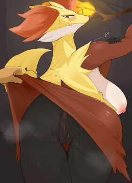 akchi anthro anus areola ass big_breasts blush bodily_fluids breasts canid canine delphox female fur generation_6_pokemon genital_fluids genitals hi_res inner_ear_fluff mammal nintendo nipples nude pokemon pokemon_(species) pussy solo thick_thighs tuft vulva yellow_body yellow_fur