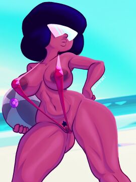 ass_visible_through_thighs beach black_hair breasts cartoon_network casual clitoris dark_skin female female_focus female_only garnet_(steven_universe) gem gem_(species) humanoid mexicanjoe nipples outdoors pubic_hair public purple_body pussy sling_bikini steven_universe swimwear thick_thighs thighs visor warner_brothers wide_hips