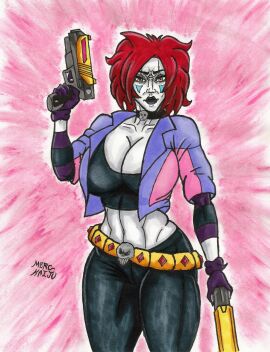 1girls angry angry_face ass belt belt_buckle big_breasts black_lips black_pants black_shirt breasts busty busty_female chelsea_carny choker cleavage clothed clothing clown clown_girl crop_top cropped_jacket curvy curvy_body curvy_female curvy_figure curvy_hips curvy_thighs dual_wielding female female_only fit fit_female form_fitting fully_clothed fully_clothed_female gloves gold_belt gun guns handgun holding_gun holding_weapon human jacket large_ass large_breasts looking_at_viewer merc_kaiju midriff navel open_jacket original original_character pistol purple_gloves red_hair self_upload solo solo_female striped_sleeves thick_thighs thighs tight_clothing traditional_art traditional_drawing_(artwork) traditional_media traditional_media_(artwork) weapon weapons white_skin yellow_eyes