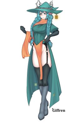 absurdres art blue_eyes boots breasts clothing_cutout dress female green_dress green_hair highres humanization large_breasts legs long_legs military_vehicle motor_vehicle non-web_source orange_dress original personalcharacter shoes suspenders tank thighhighs witch