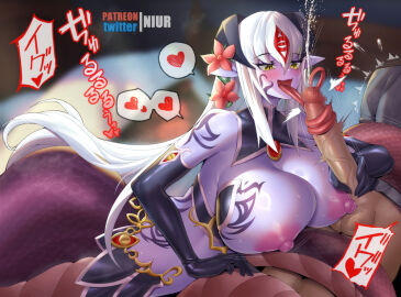 accessory alice_(mon-musu_quest!) alice_(monster_girl_quest) apode areola armwear balls big_breasts blush breasts censored clothing draconcopode duo elbow_gloves erection fellatio female flower flower_in_hair genitals gloves hair hair_accessory handwear horn horned_humanoid huge_breasts human humanoid lamia legless licking male male/female mammal monster_girl_(genre) monster_girl_quest mosaic_censorship naga nipples niur nude open_mouth oral penile penis penis_lick plant purple_body purple_scales purple_skin reptile scales scalie serpentine sex snake split_form tattoo tongue tongue_in_penis urethral_tonguing white_hair yellow_eyes