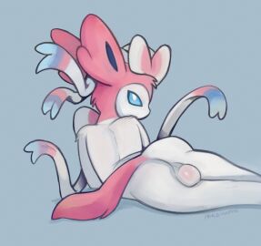 accessory anthro ass balls blue_eyes bow_accessory canid canine eeveelution fur generation_6_pokemon genitals hair hi_res male male_only mammal nintendo nude pink_body pink_fur pokemon pokemon_(species) prince-vulpine ribbons_(anatomy) simple_background solo sylveon tail white_body white_fur