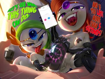 1boy 2girls blue_eyes cute_fang fangs female human_on_anthro lovense male meloetta pokemon pokephilia promotional_art purple_eyes pussy theboogie tongue tongue_out