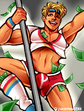 1boy alternate_version_at_source alternate_version_available bara bulge bulge_through_clothing date_everything gay gay_male junjomonstah male money pinup pole pole_dancing stepford_(date_everything) stripper stripper_pole yaoi